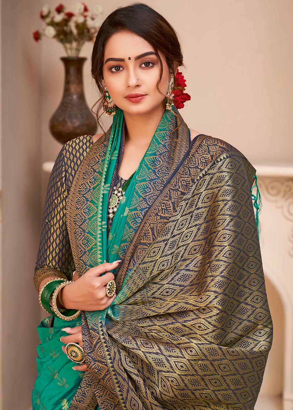 Teal Blue Woven Banarasi Silk Saree with Overall Butti work | Stitched Blouse - qivii