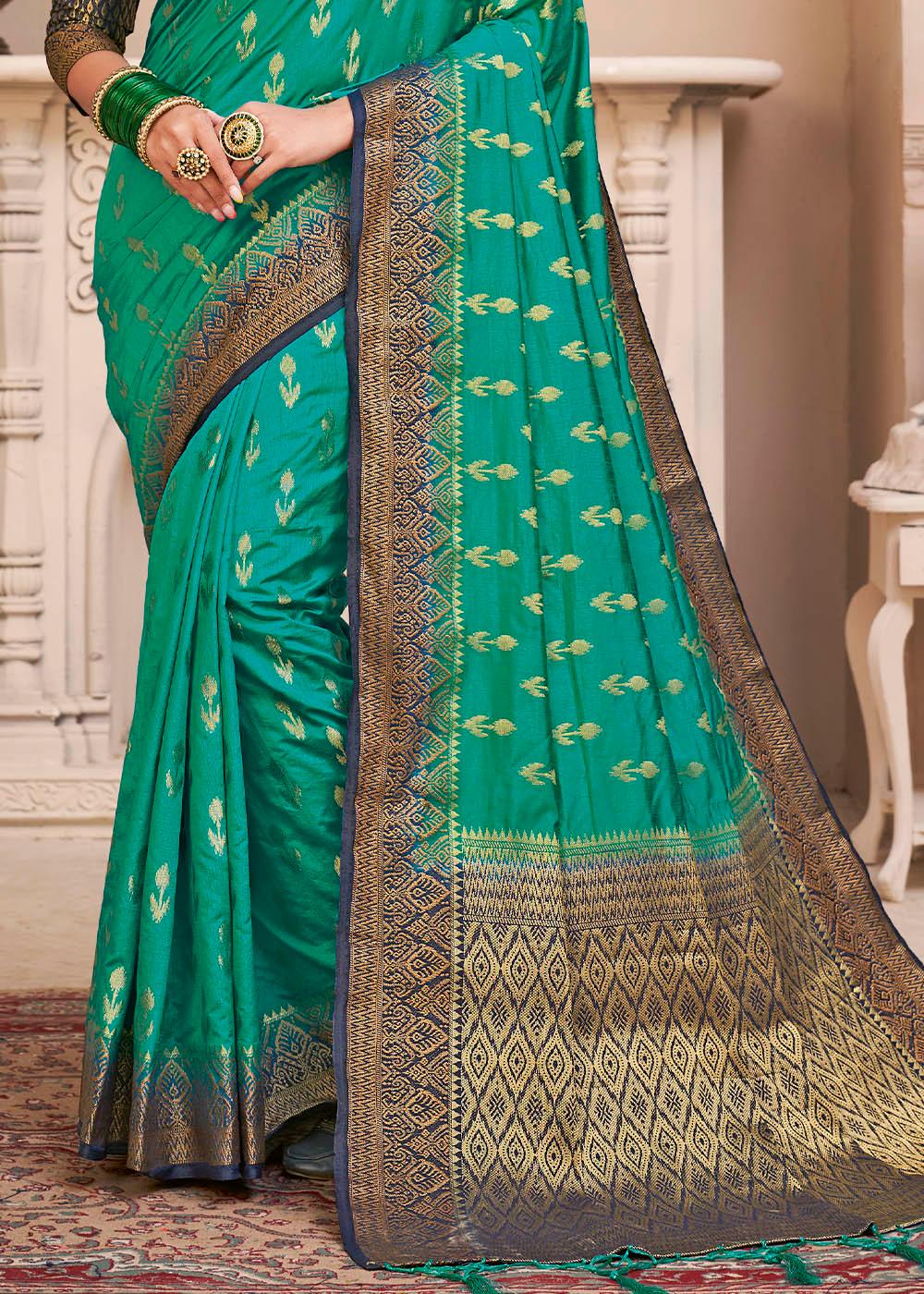 Teal Blue Woven Banarasi Silk Saree with Overall Butti work | Stitched Blouse - qivii