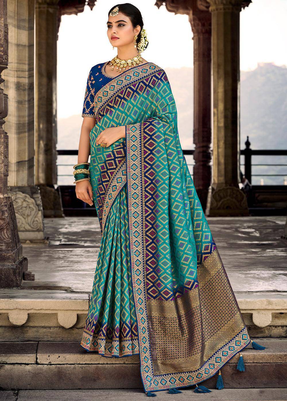 Teal Blue Woven Dola Silk Saree with Embroidered Blouse | Stitched Blouse - qivii