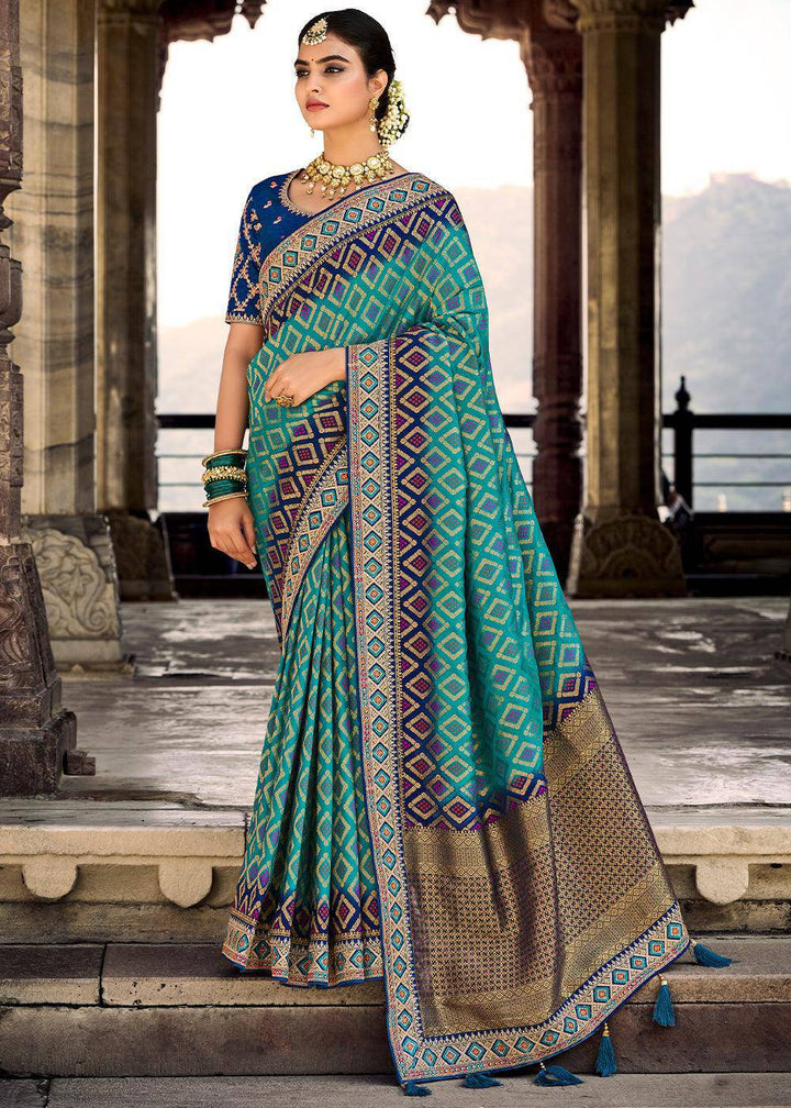 Teal Blue Woven Dola Silk Saree with Embroidered Blouse | Stitched Blouse - qivii