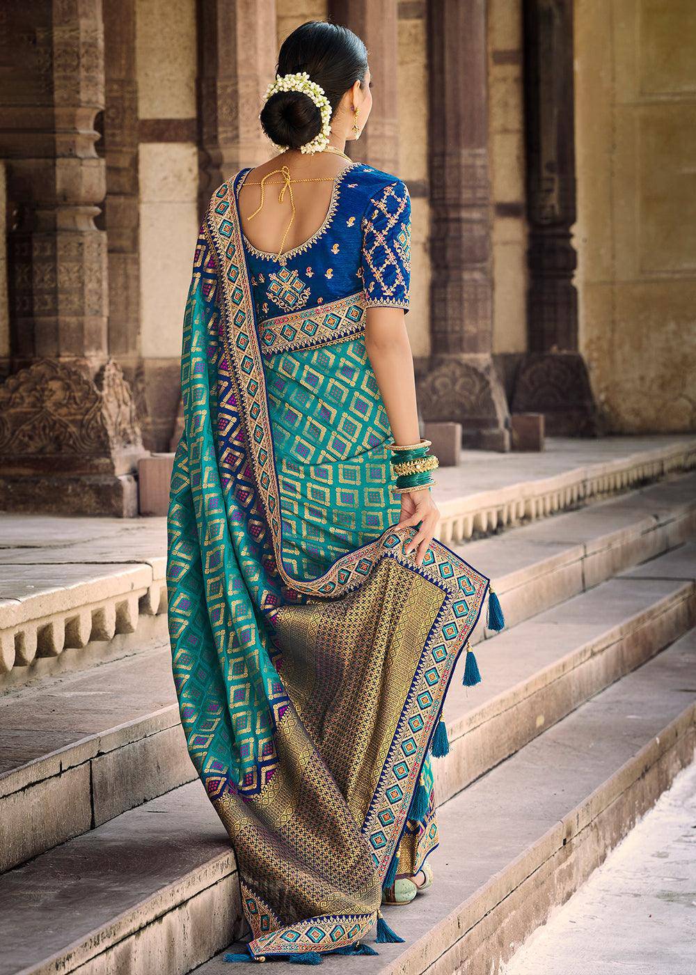 Teal Blue Woven Dola Silk Saree with Embroidered Blouse | Stitched Blouse - qivii