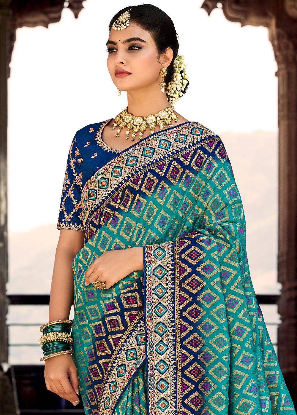 Teal Blue Woven Dola Silk Saree with Embroidered Blouse | Stitched Blouse - qivii