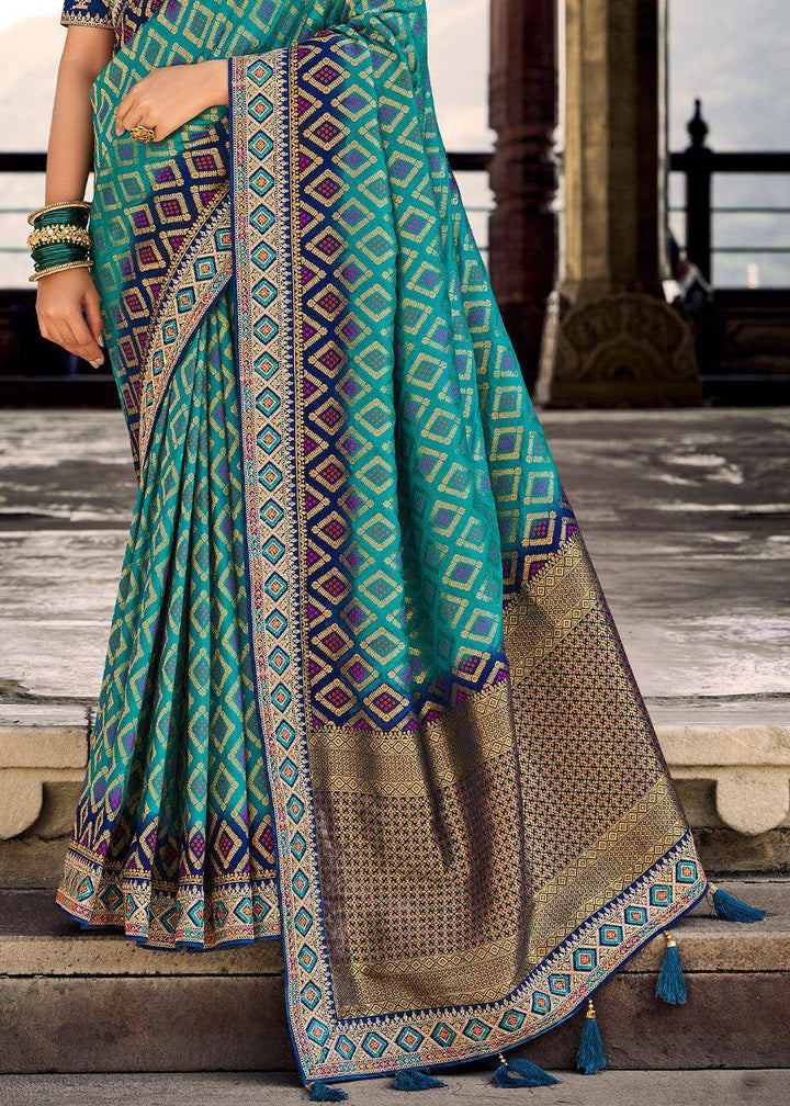 Teal Blue Woven Dola Silk Saree with Embroidered Blouse | Stitched Blouse - qivii