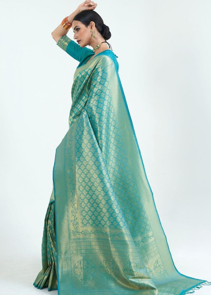 Teal Blue Woven Kanjivaram Silk Saree : Limited Edition | Stitched Blouse - qivii