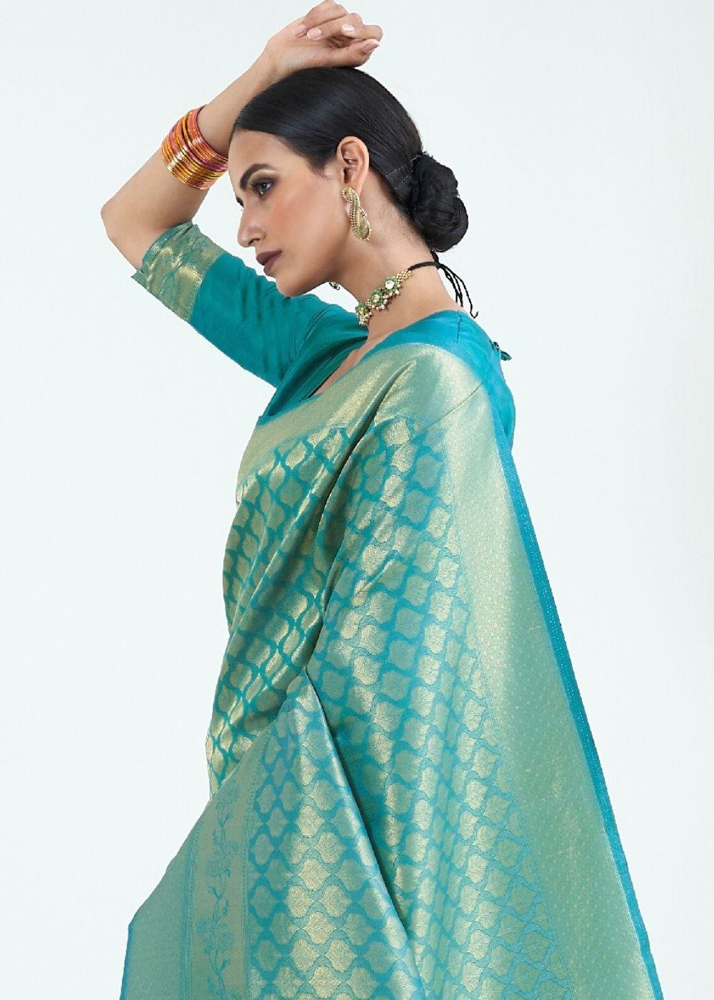 Teal Blue Woven Kanjivaram Silk Saree : Limited Edition | Stitched Blouse - qivii