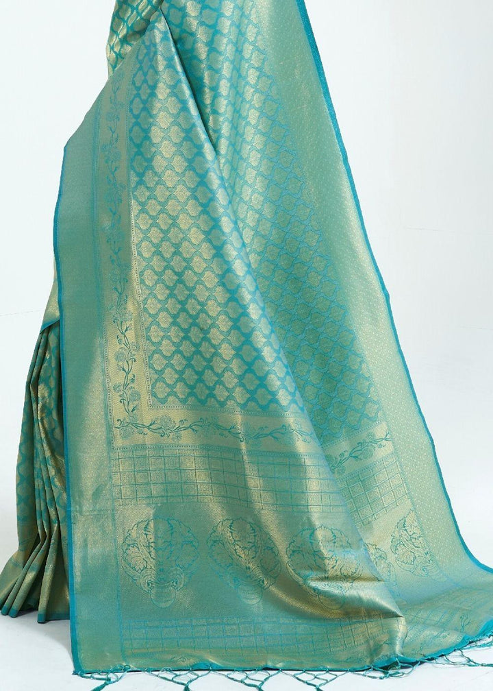 Teal Blue Woven Kanjivaram Silk Saree : Limited Edition | Stitched Blouse - qivii