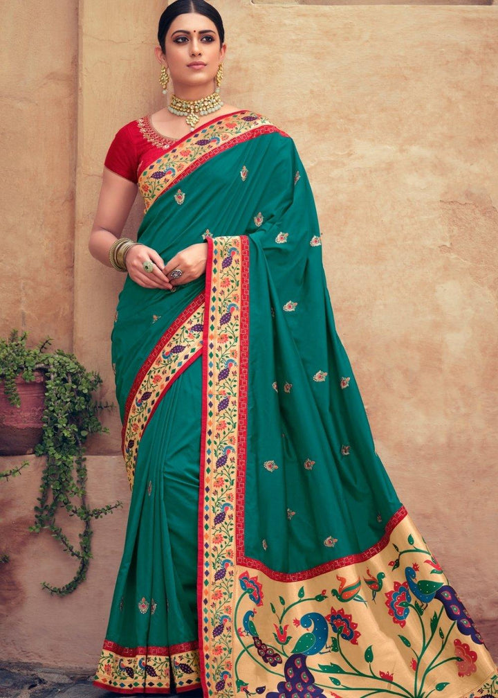 Teal Blue Woven Paithani Banarasi Silk Saree with Swarovski work & Embroidered Blouse | Stitched Blouse - qivii