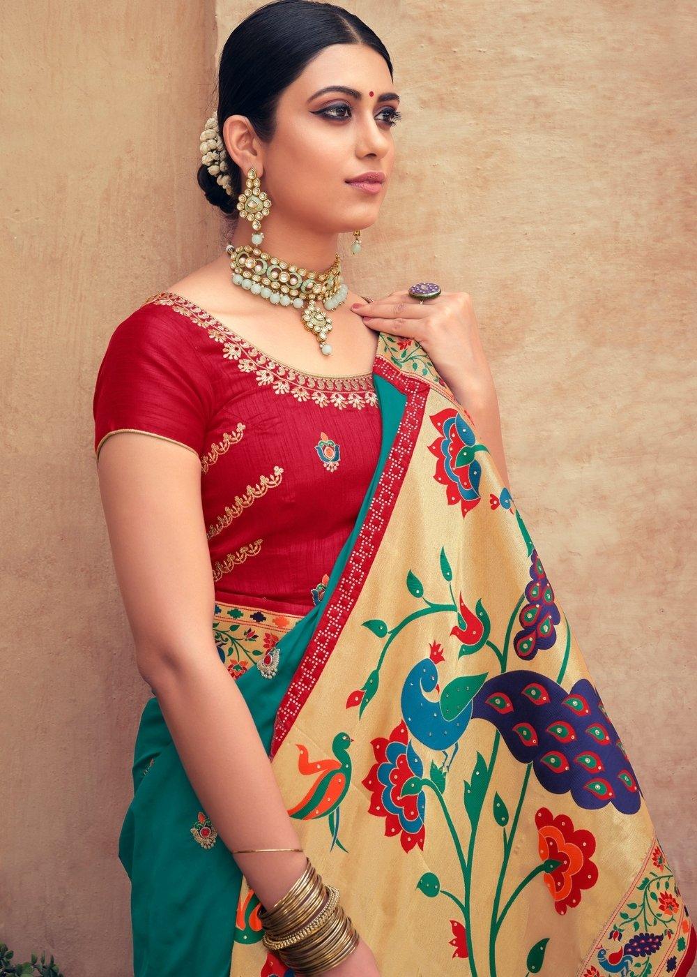 Teal Blue Woven Paithani Banarasi Silk Saree with Swarovski work & Embroidered Blouse | Stitched Blouse - qivii