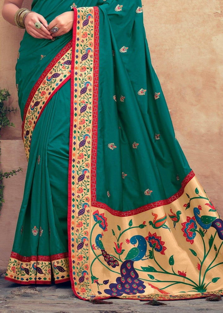 Teal Blue Woven Paithani Banarasi Silk Saree with Swarovski work & Embroidered Blouse | Stitched Blouse - qivii