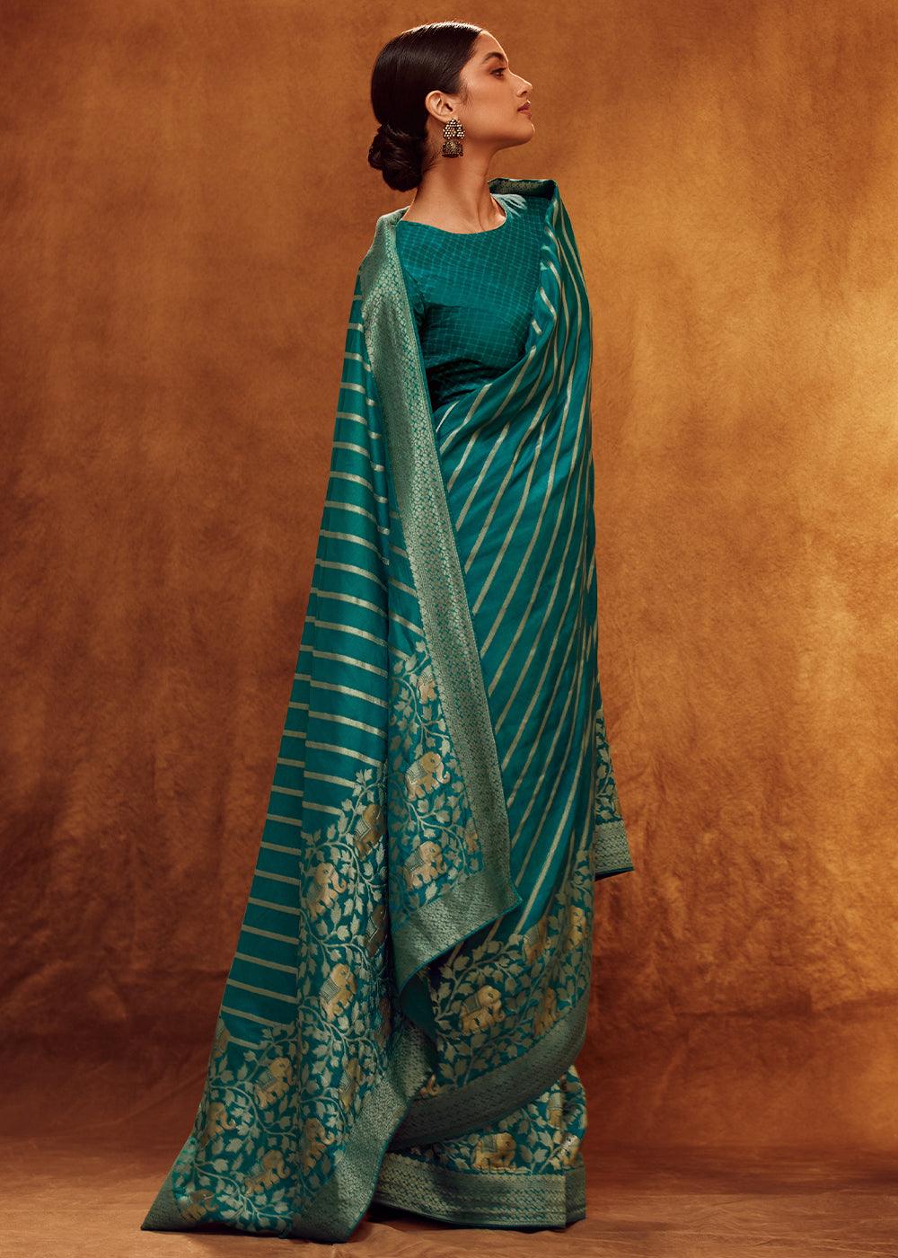 Teal Blue Woven Viscose Silk Saree - qivii