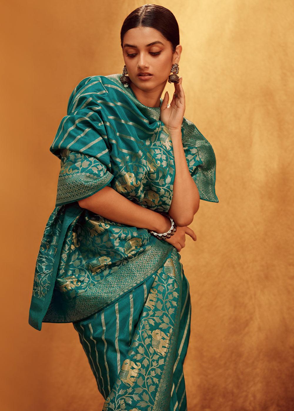 Teal Blue Woven Viscose Silk Saree - qivii