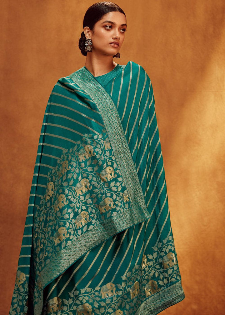 Teal Blue Woven Viscose Silk Saree - qivii