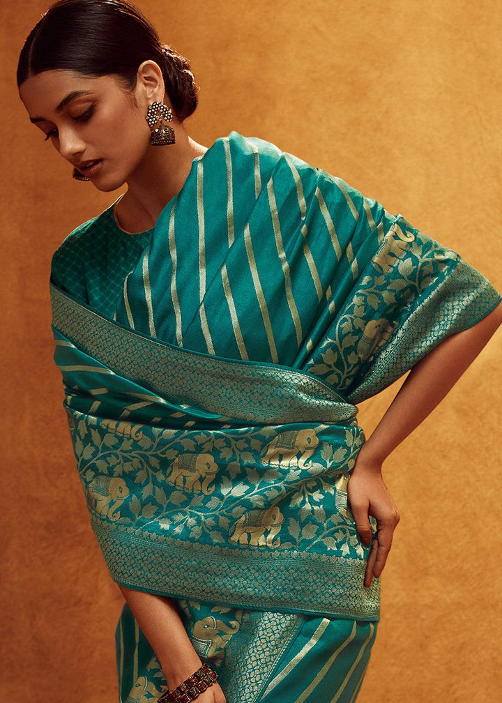 Teal Blue Woven Viscose Silk Saree - qivii