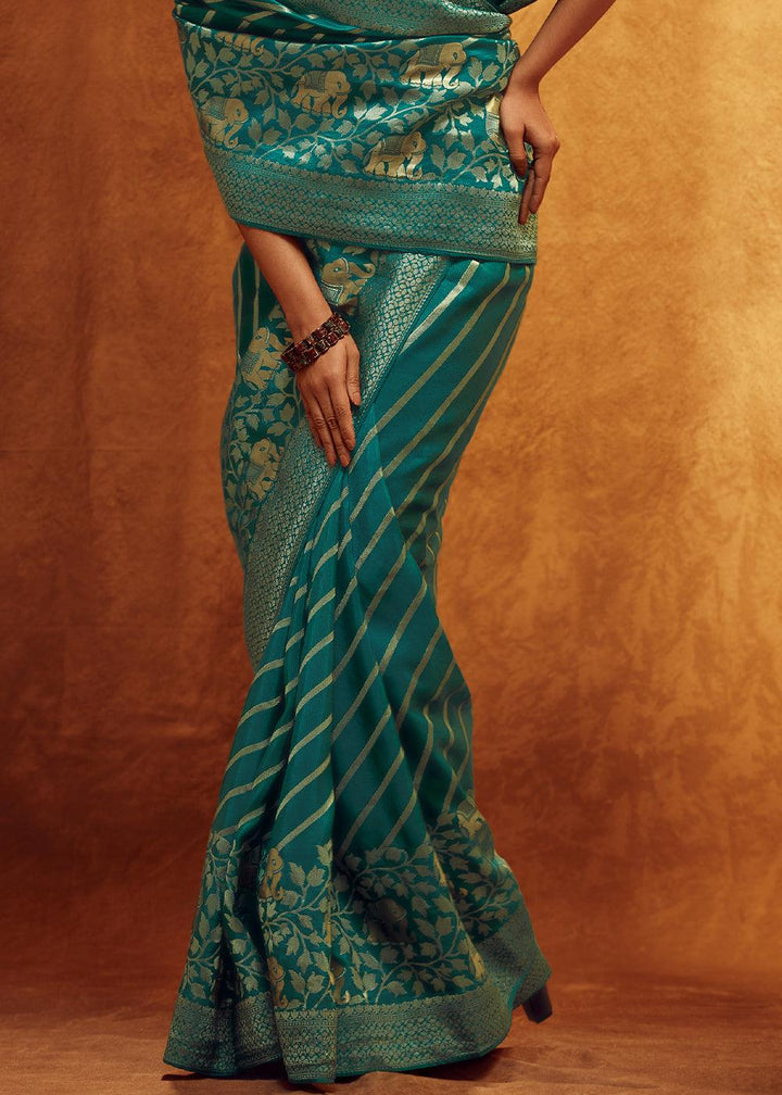 Teal Blue Woven Viscose Silk Saree - qivii