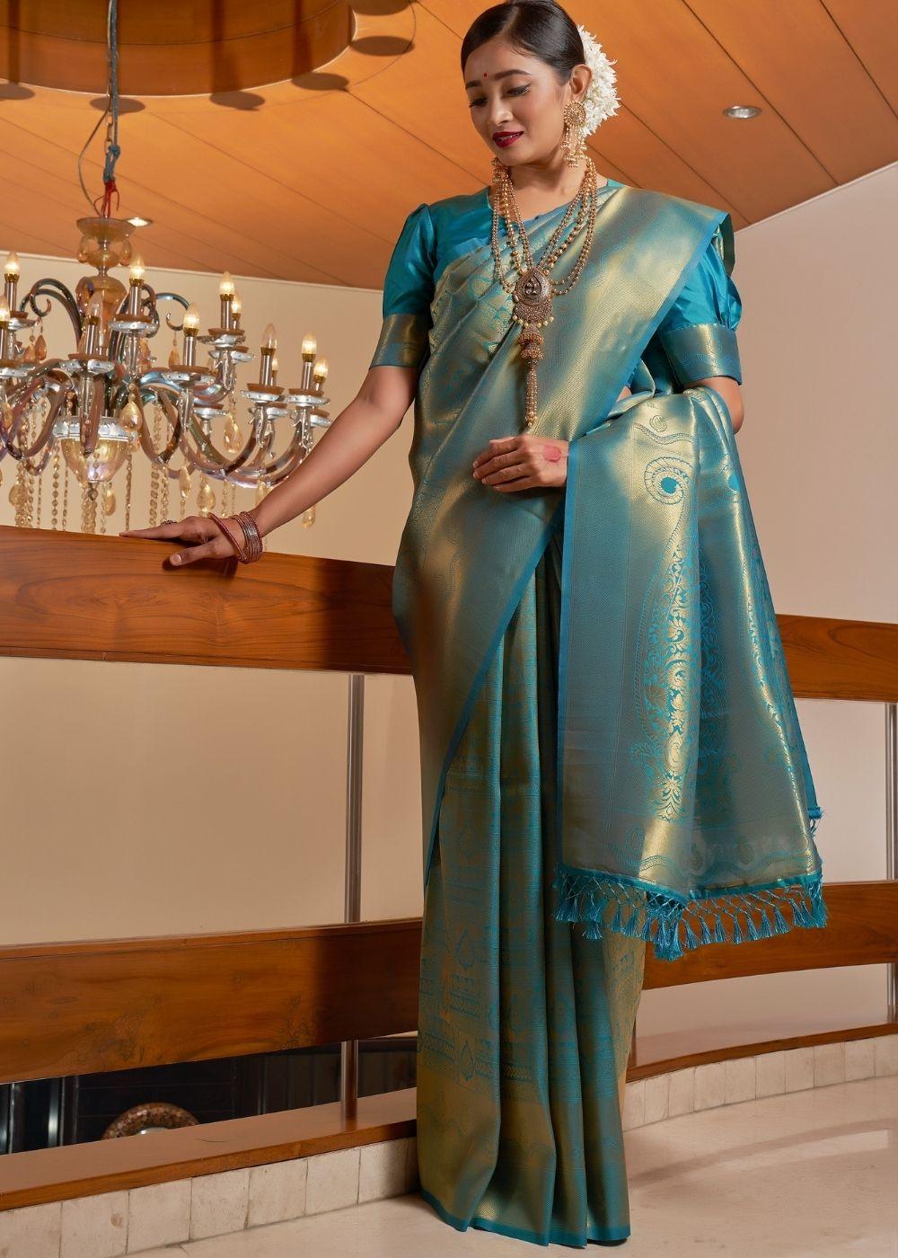 Teal Blue Zari Woven Kanjivaram Silk Saree - qivii