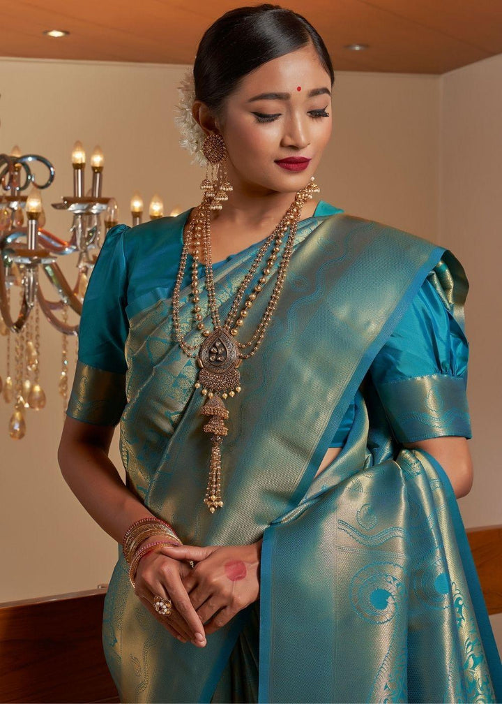 Teal Blue Zari Woven Kanjivaram Silk Saree - qivii