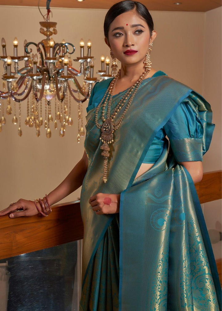 Teal Blue Zari Woven Kanjivaram Silk Saree - qivii