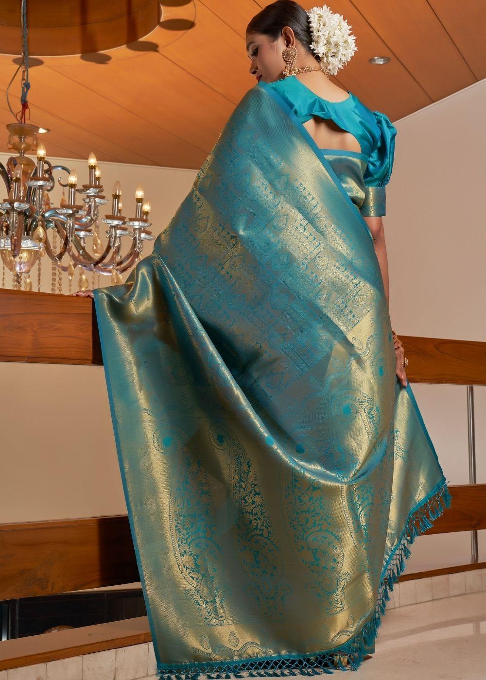 Teal Blue Zari Woven Kanjivaram Silk Saree - qivii