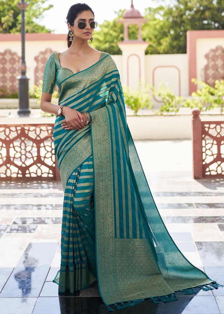 Teal Blue Zari Woven Leheriya Georgette Saree - qivii