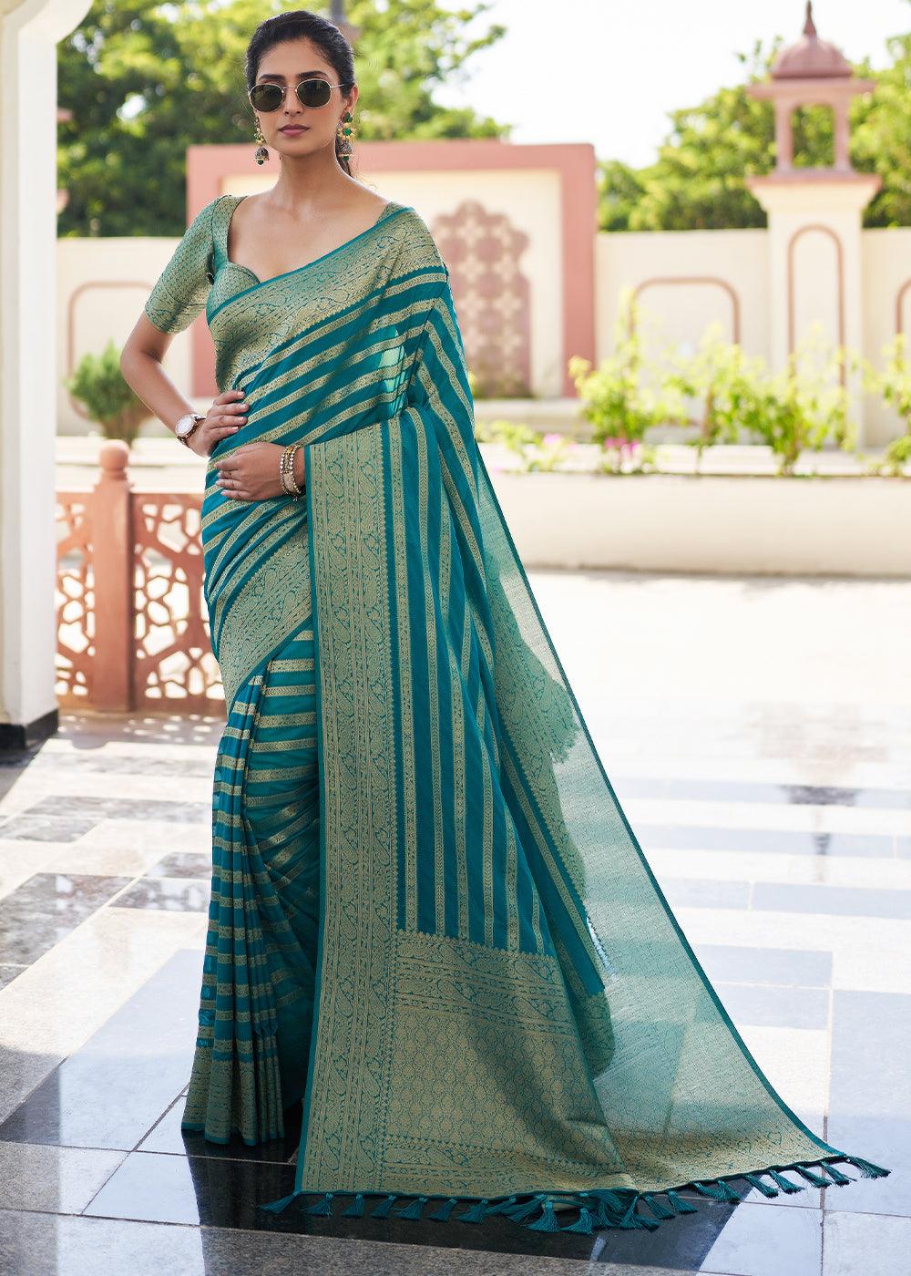 Teal Blue Zari Woven Leheriya Georgette Saree - qivii