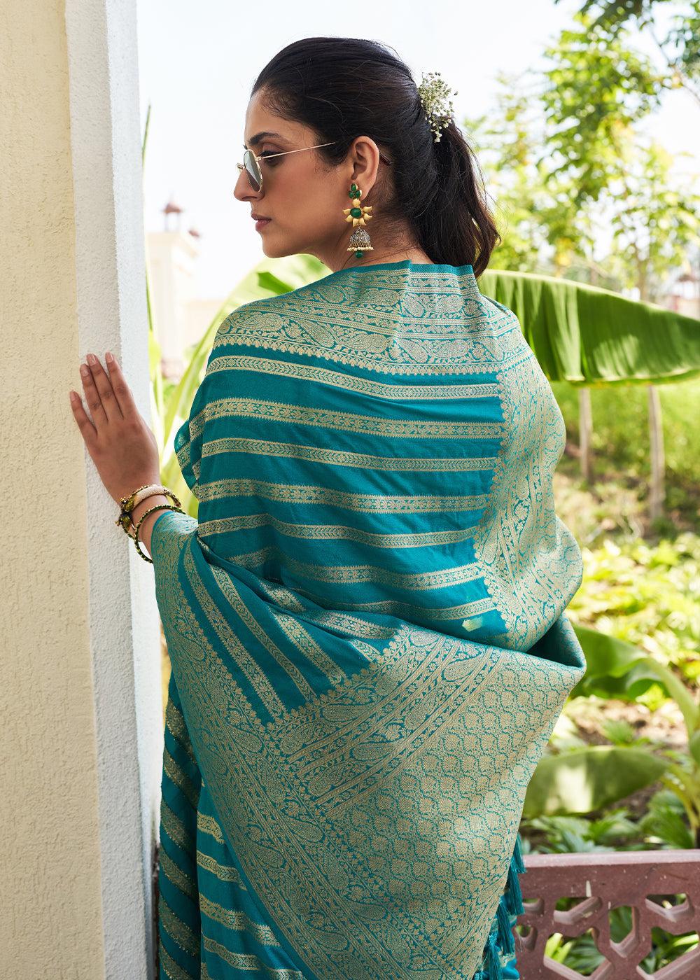 Teal Blue Zari Woven Leheriya Georgette Saree - qivii