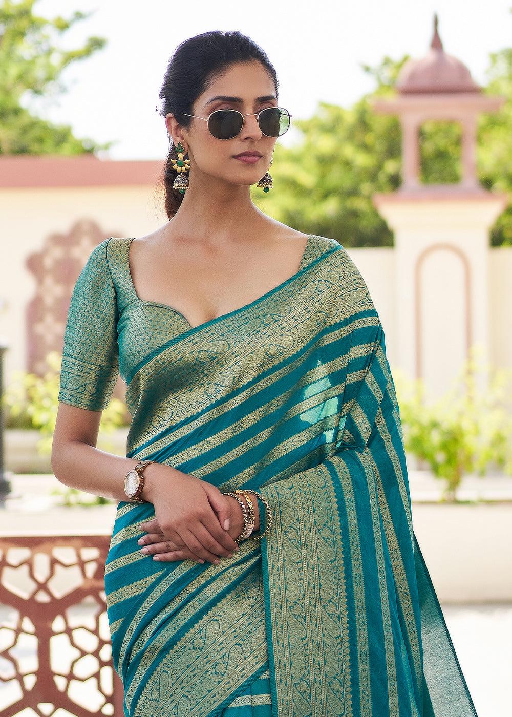 Teal Blue Zari Woven Leheriya Georgette Saree - qivii