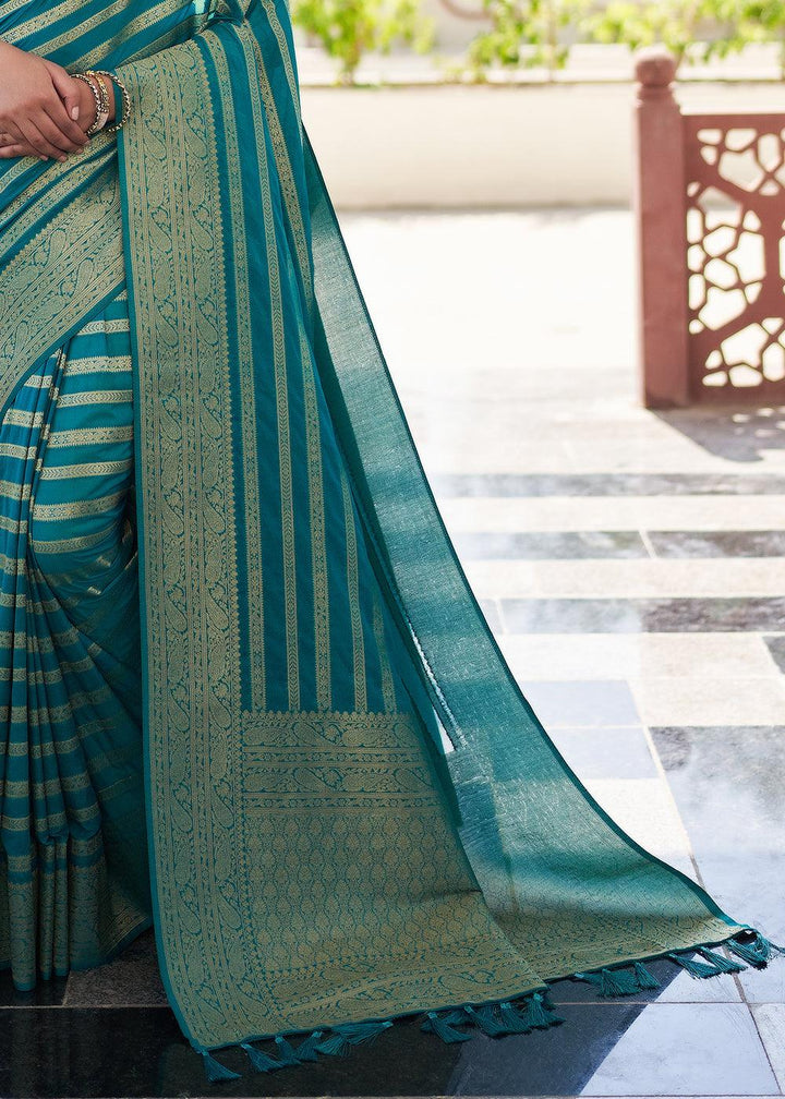 Teal Blue Zari Woven Leheriya Georgette Saree - qivii