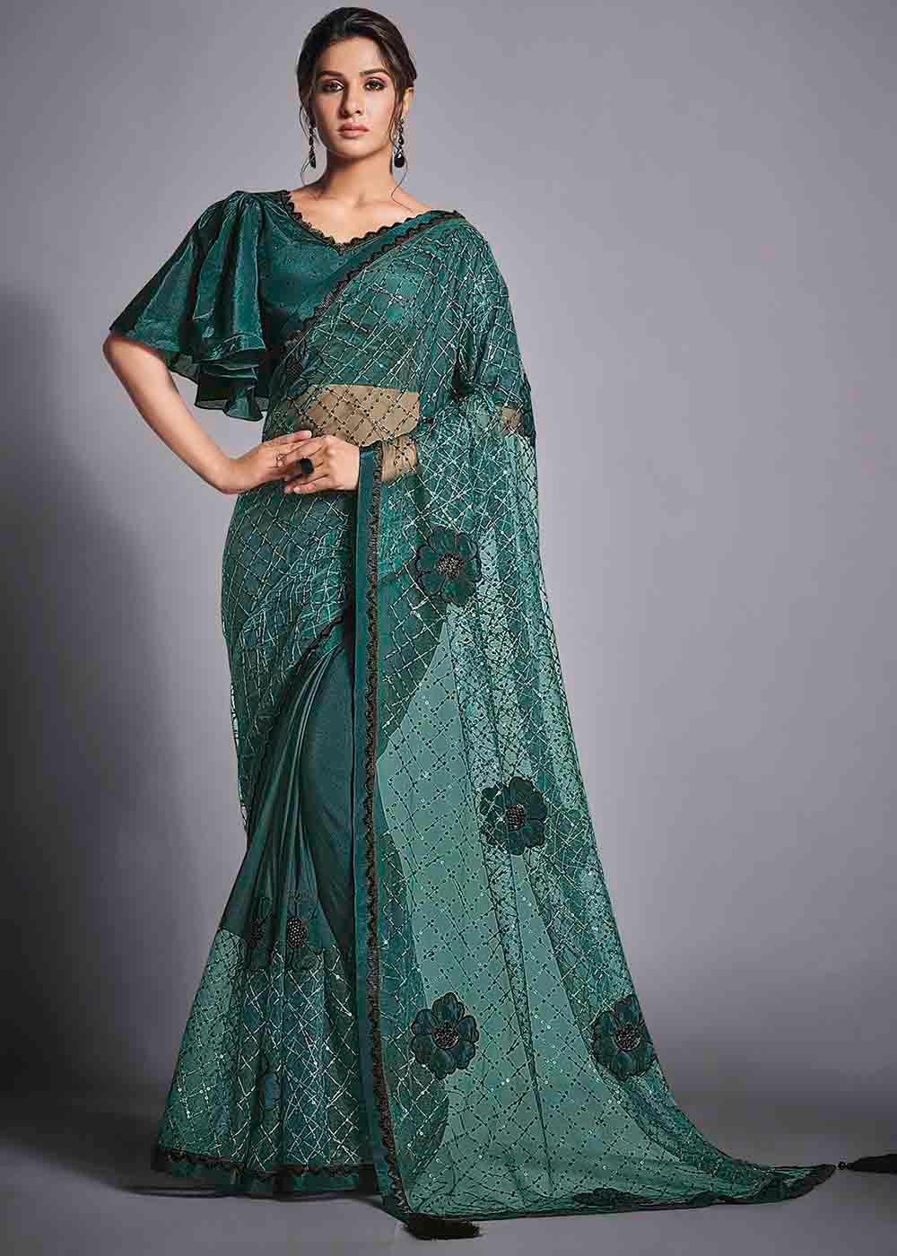 Teal Green Designer Lycra Saree with Sequins Embroidery & Applique work | Stitched Blouse - qivii