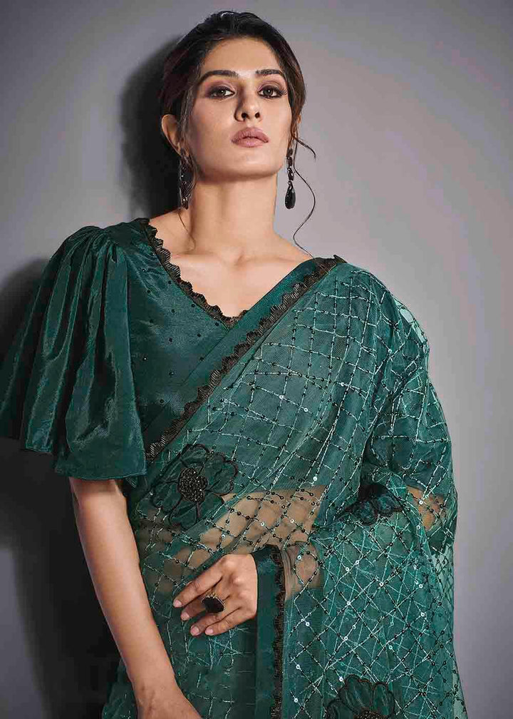 Teal Green Designer Lycra Saree with Sequins Embroidery & Applique work | Stitched Blouse - qivii