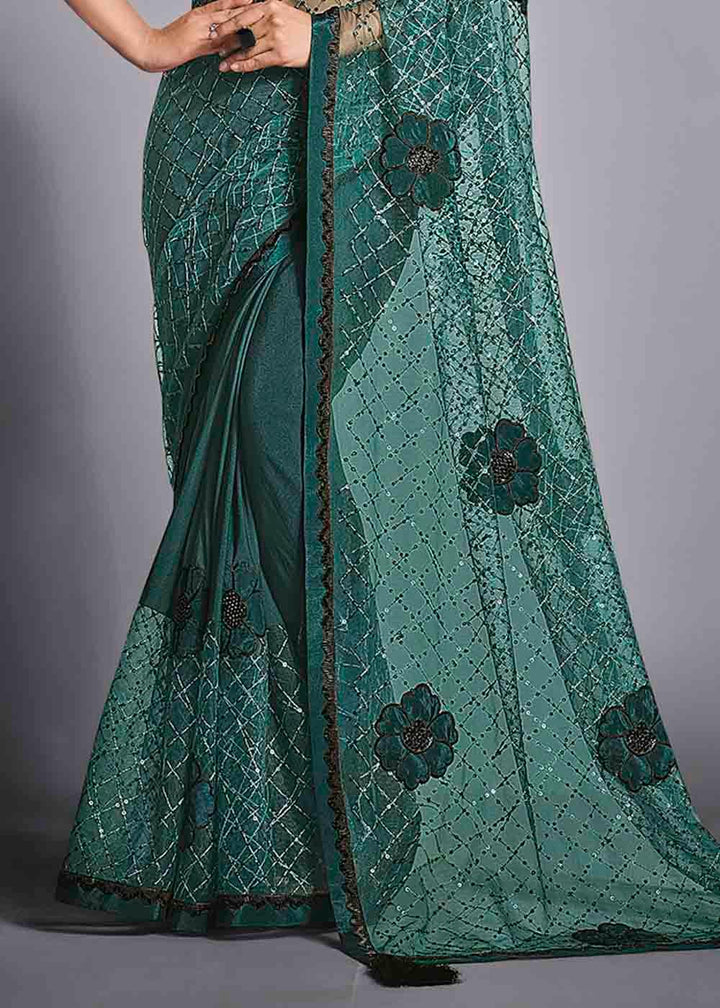 Teal Green Designer Lycra Saree with Sequins Embroidery & Applique work | Stitched Blouse - qivii