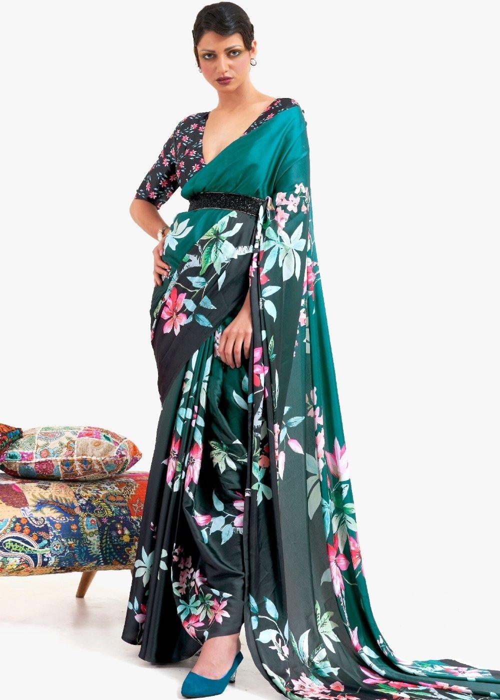 Teal Green Digital Printed Satin Crepe Saree | Stitched Blouse - qivii