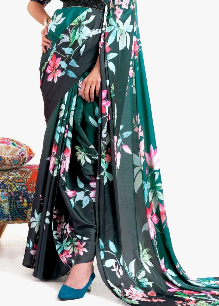 Teal Green Digital Printed Satin Crepe Saree | Stitched Blouse - qivii