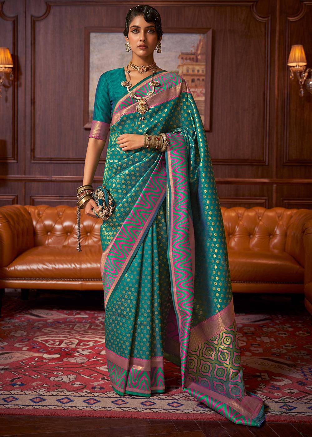 Teal Green Handloom Woven Banarasi Silk Saree | Stitched Blouse - qivii