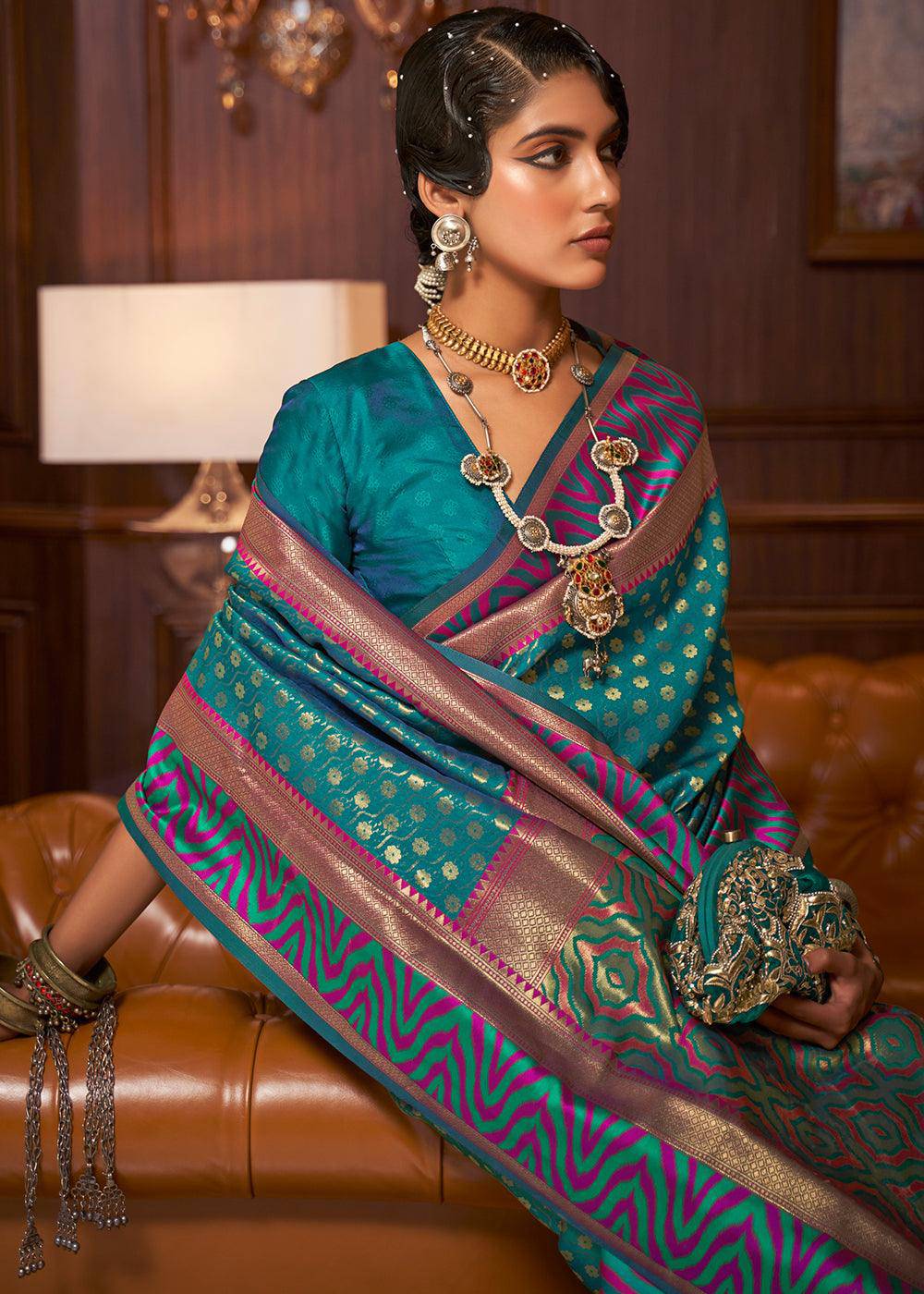 Teal Green Handloom Woven Banarasi Silk Saree | Stitched Blouse - qivii