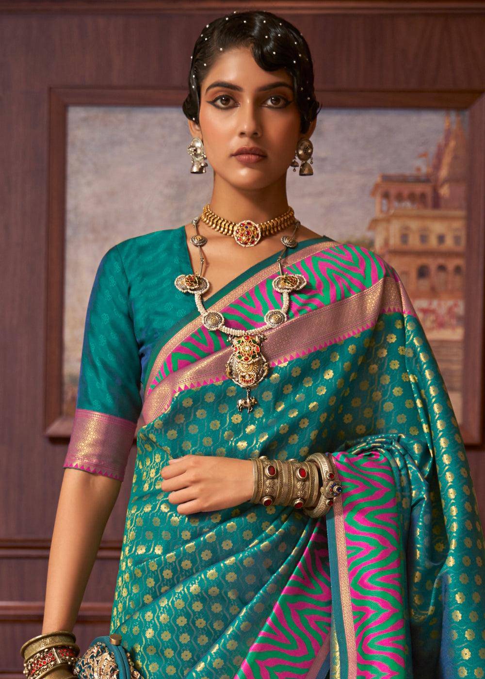 Teal Green Handloom Woven Banarasi Silk Saree | Stitched Blouse - qivii