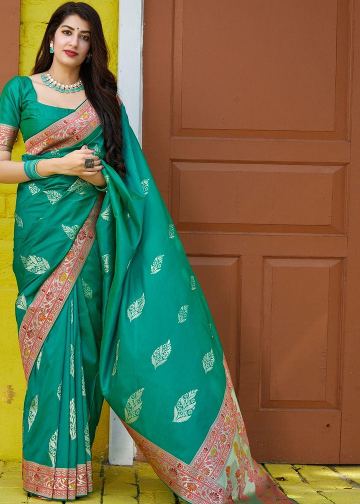 Teal Green Silk Saree with Floral Zari Border and Silver Buti Design | Stitched Blouse - qivii