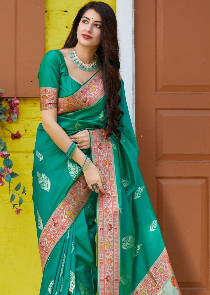 Teal Green Silk Saree with Floral Zari Border and Silver Buti Design | Stitched Blouse - qivii