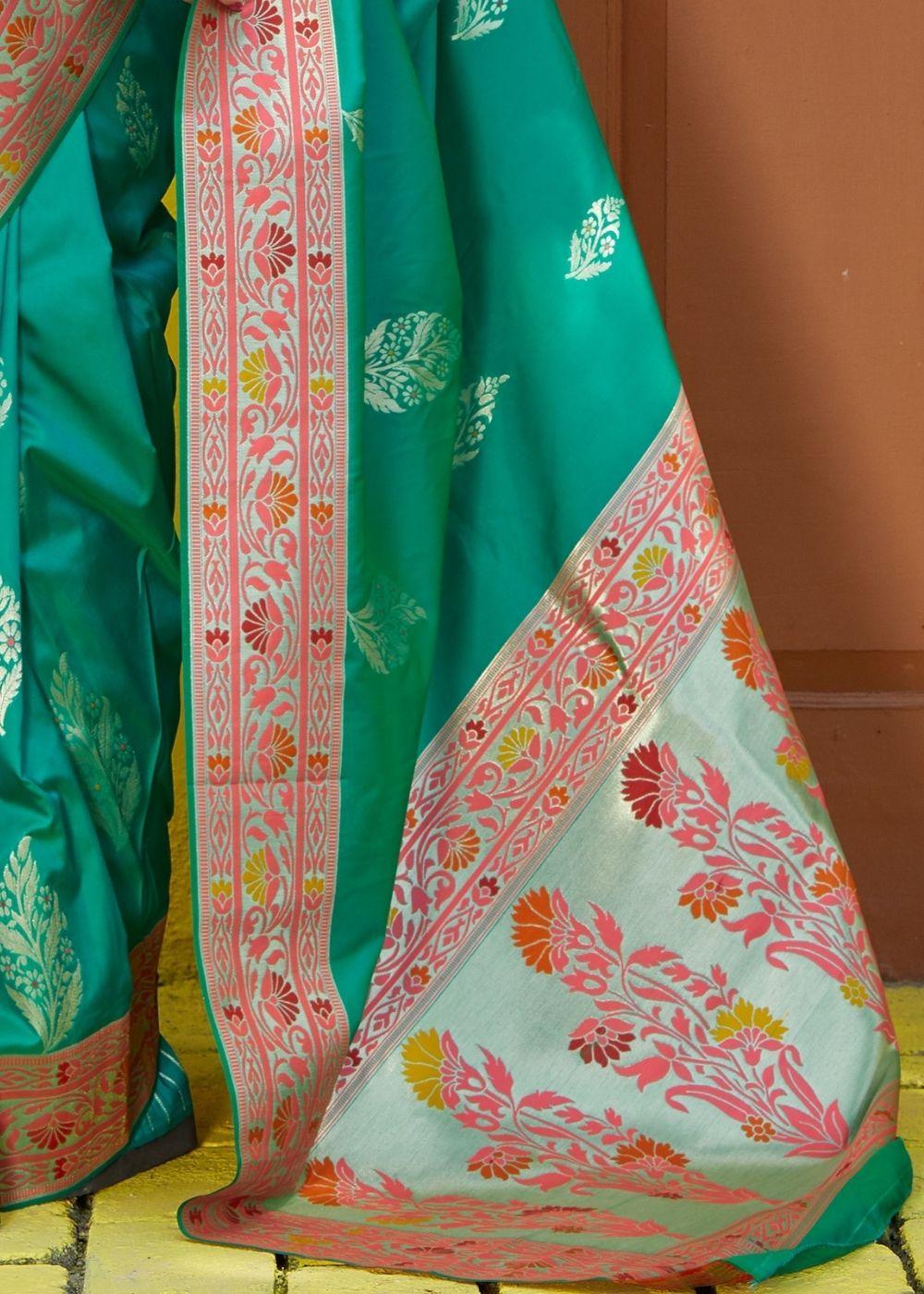 Teal Green Silk Saree with Floral Zari Border and Silver Buti Design | Stitched Blouse - qivii