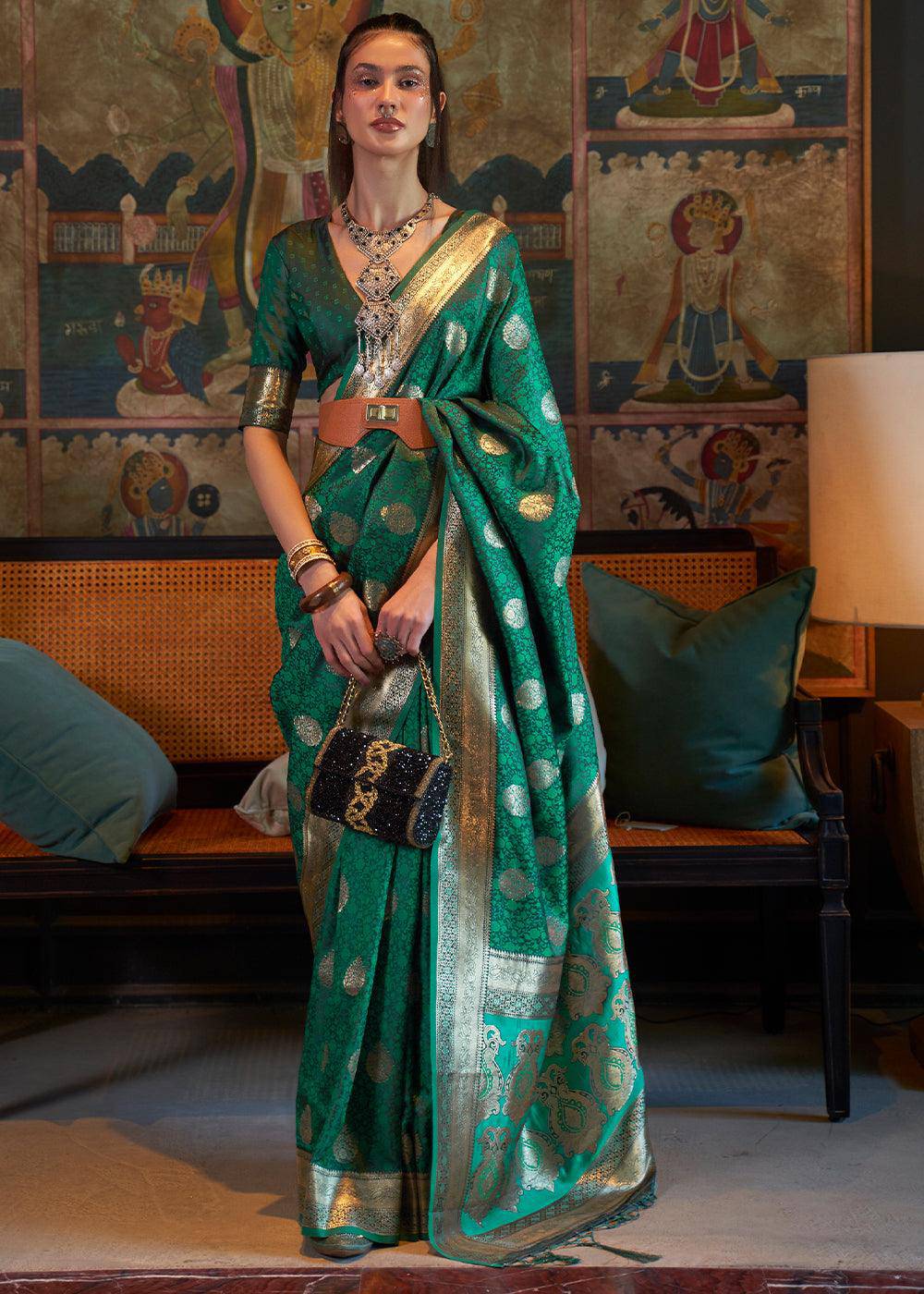 Teal Green Tanchoi Handloom Woven Satin Silk Saree | Stitched Blouse - qivii