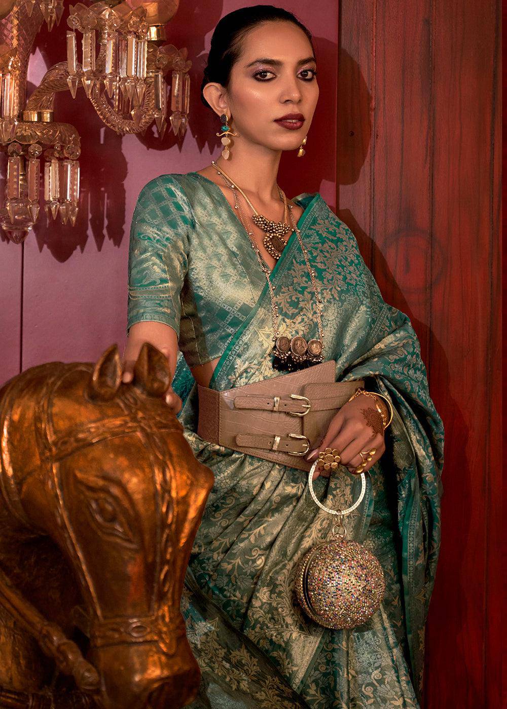 Teal Green Zari Woven Banarasi Brocade Silk Saree | Stitched Blouse - qivii