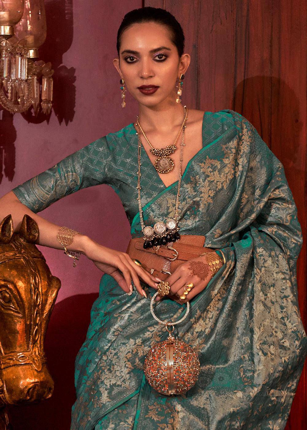 Teal Green Zari Woven Banarasi Brocade Silk Saree | Stitched Blouse - qivii