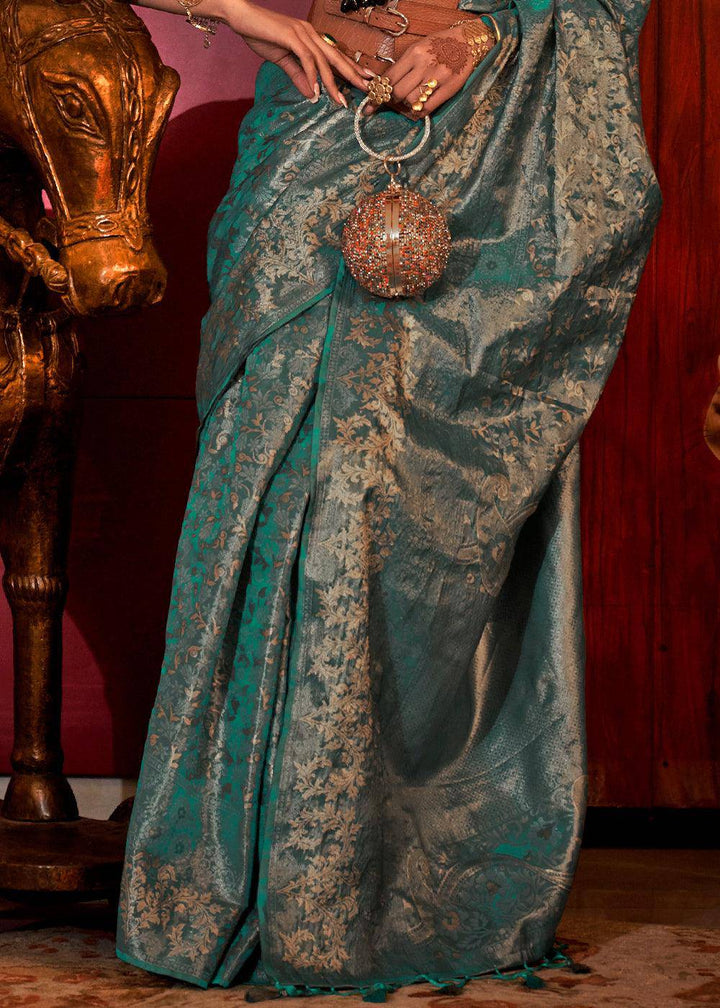 Teal Green Zari Woven Banarasi Brocade Silk Saree | Stitched Blouse - qivii