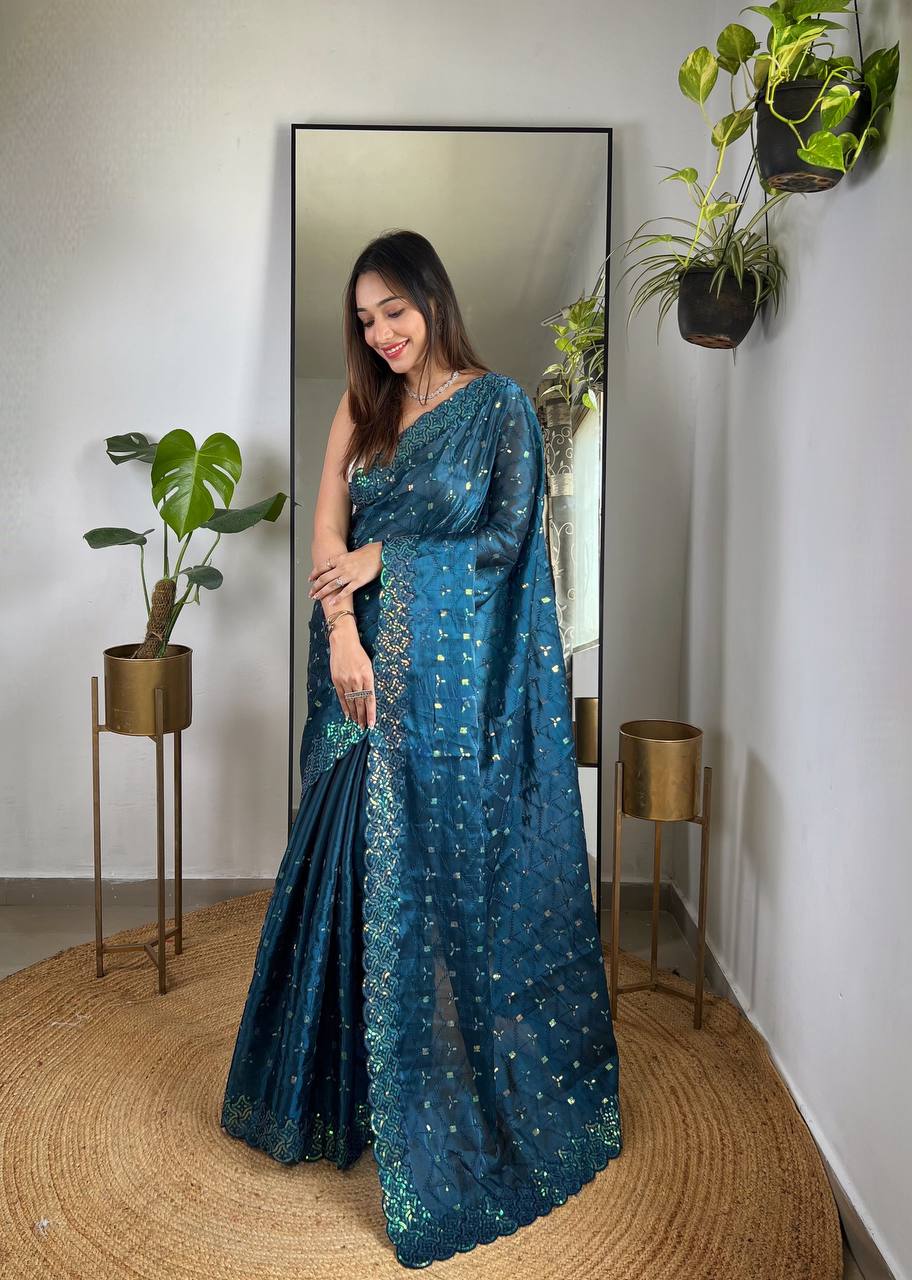 Teal Soft Geemichu Silk Designer Embroidered sequence and thread work Saree