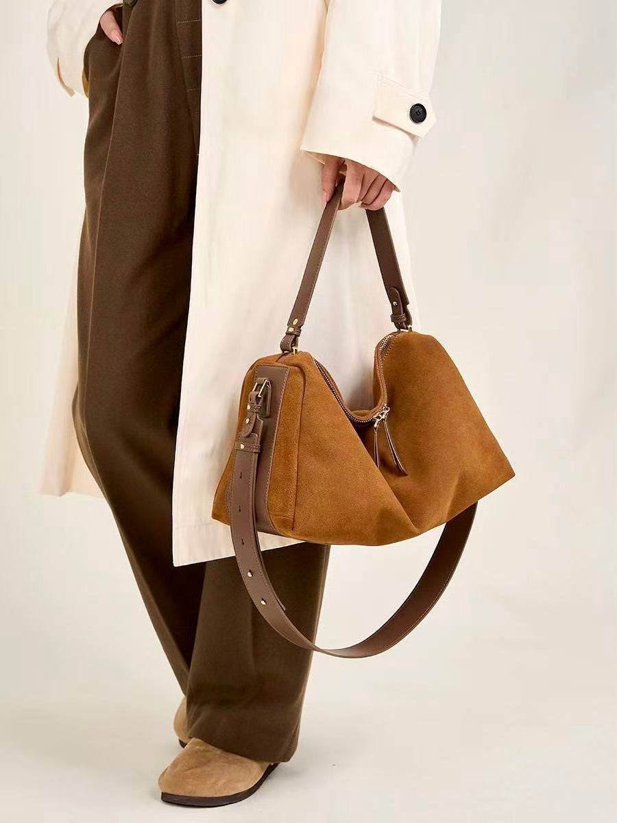 Ounamei New Retro Cowhide Suede Pillow Bag | Versatile Genuine Leather Handbag for Women