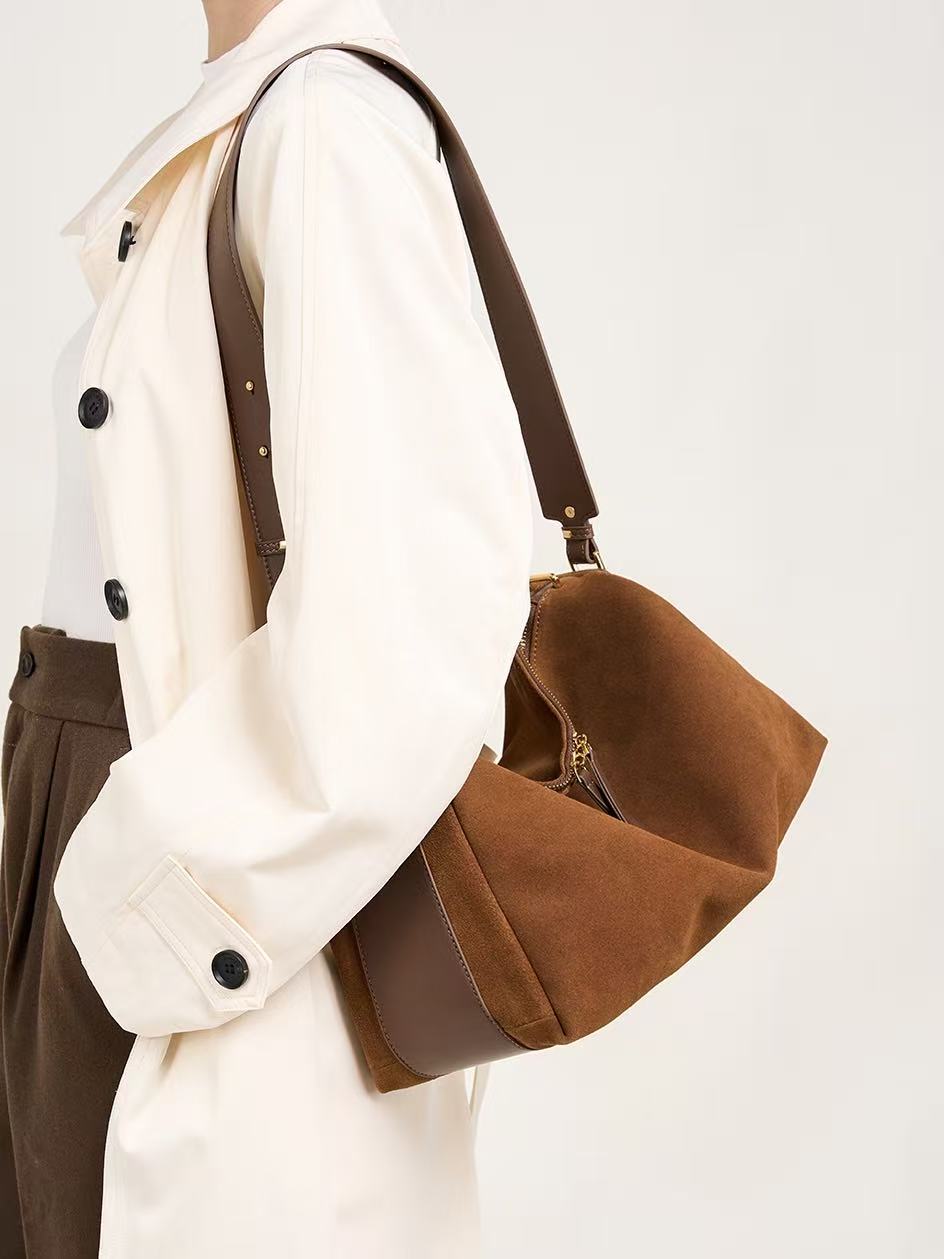 Ounamei New Retro Cowhide Suede Pillow Bag | Versatile Genuine Leather Handbag for Women