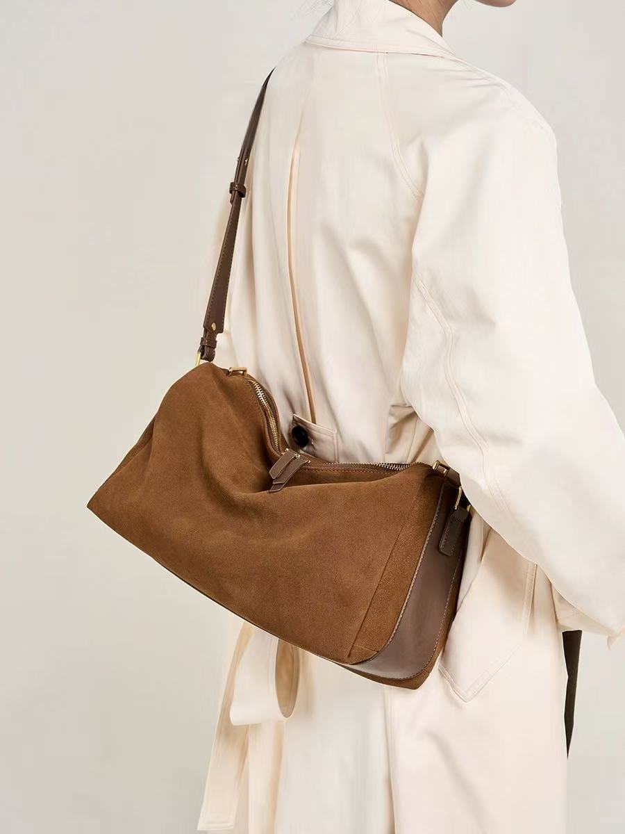 Ounamei New Retro Cowhide Suede Pillow Bag | Versatile Genuine Leather Handbag for Women
