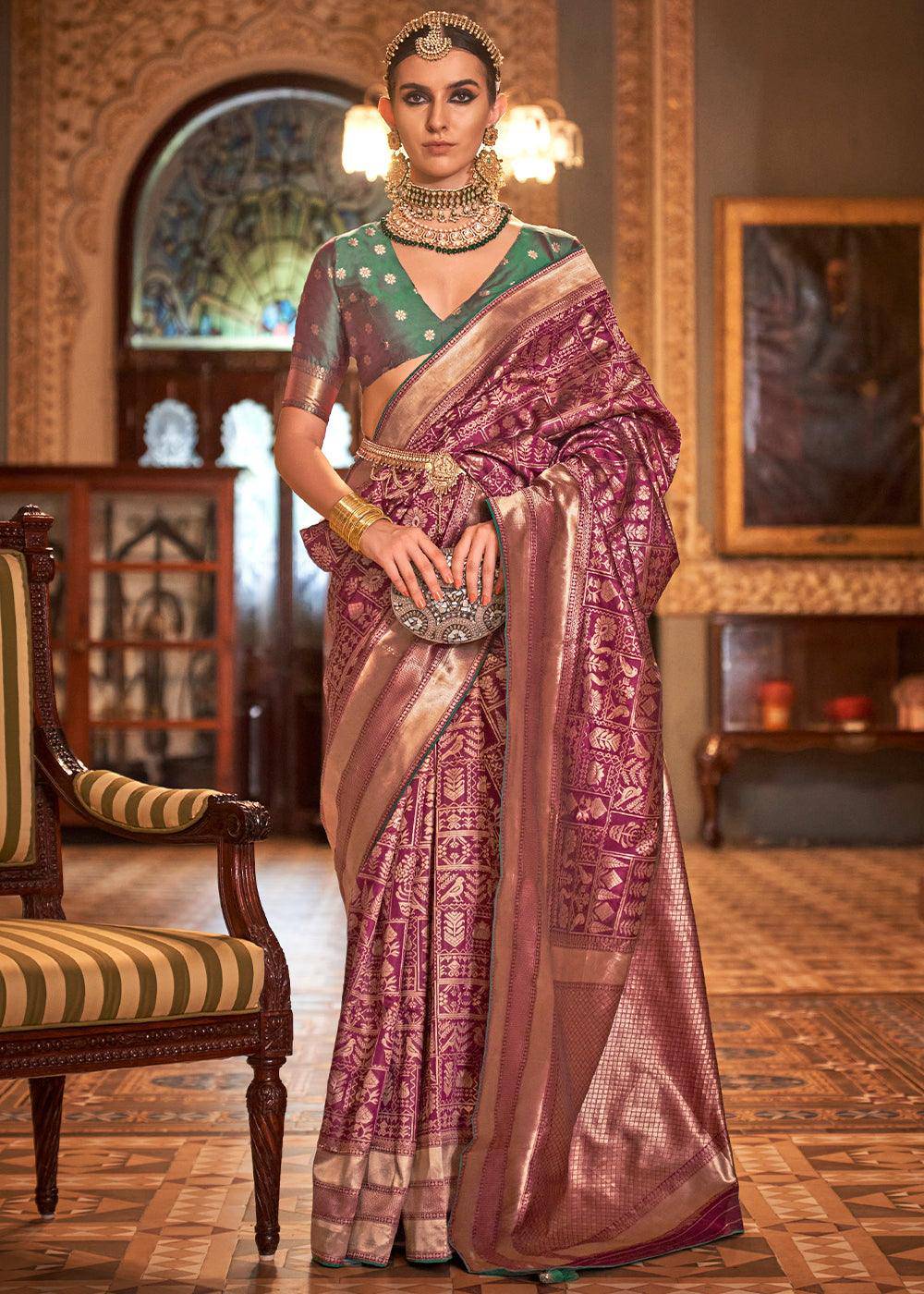 Thistle Purple Zari Woven Banarasi Silk Saree | Stitched Blouse - qivii