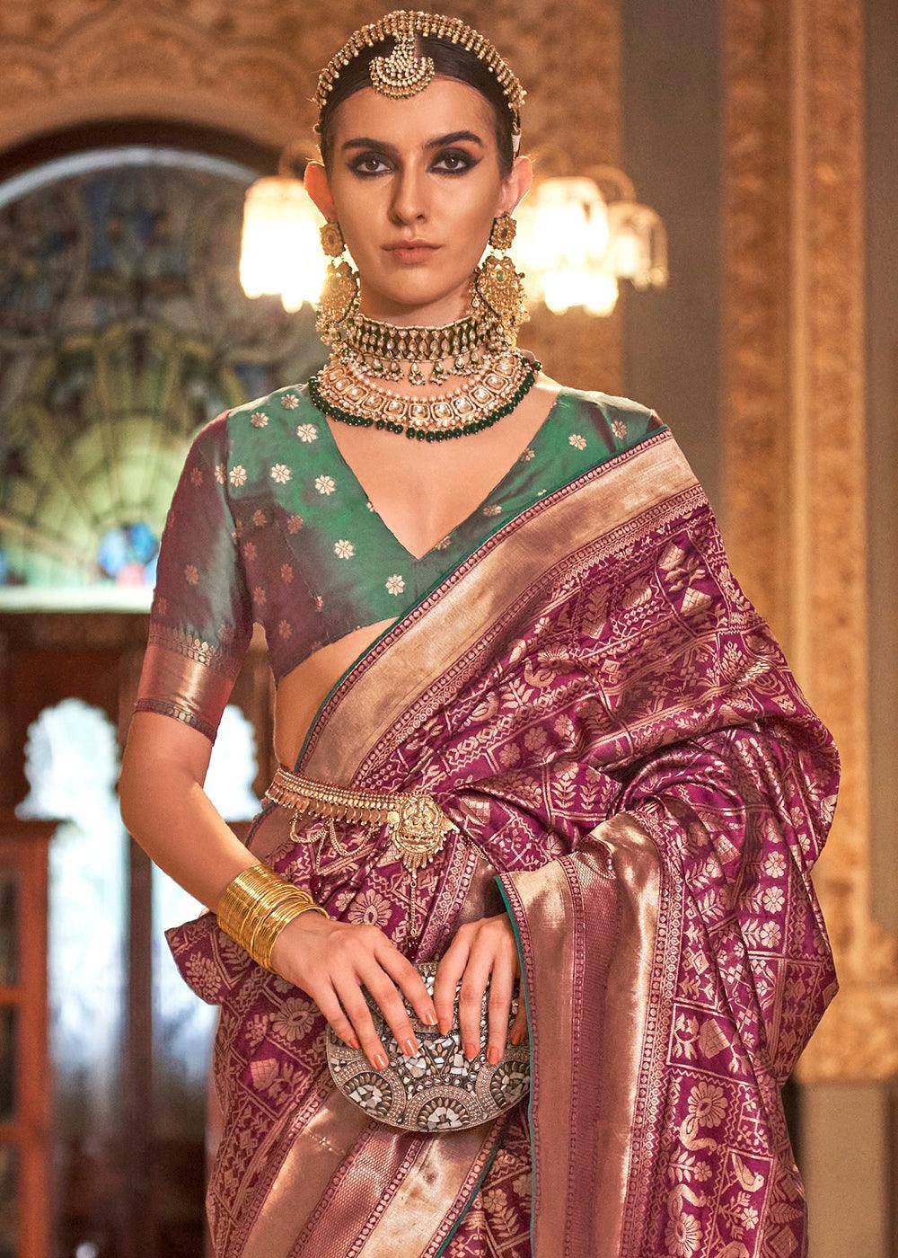 Thistle Purple Zari Woven Banarasi Silk Saree | Stitched Blouse - qivii