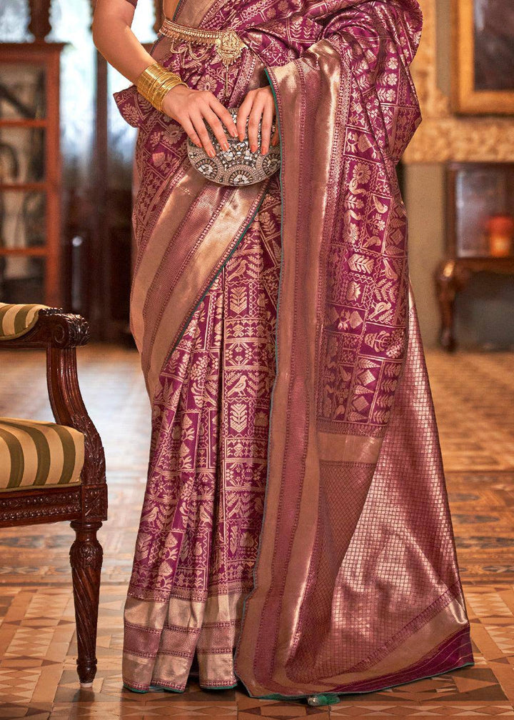 Thistle Purple Zari Woven Banarasi Silk Saree | Stitched Blouse - qivii