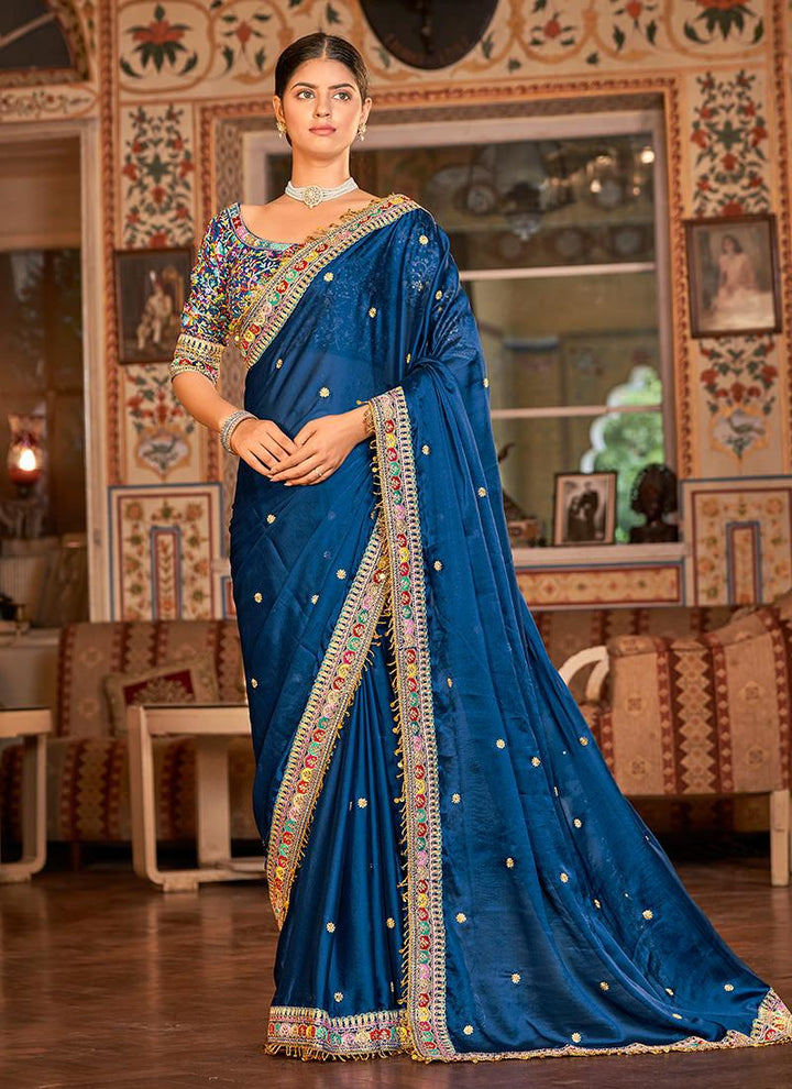 Thread Work Blue Organza Saree  - By Kreeva